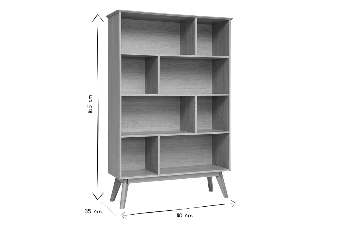 Dimensiones de la biblioteca escandinava de madera clara, 8 compartimentos, L110xP35xH165 cm, en blanco y negro.