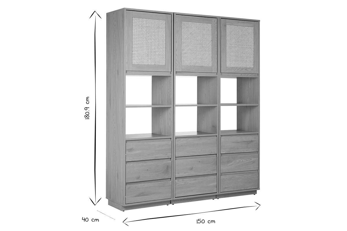 Biblioteca negra y blanca con puertas de rejilla, nichos y cajones, dimensiones 150x40x180,9 cm.