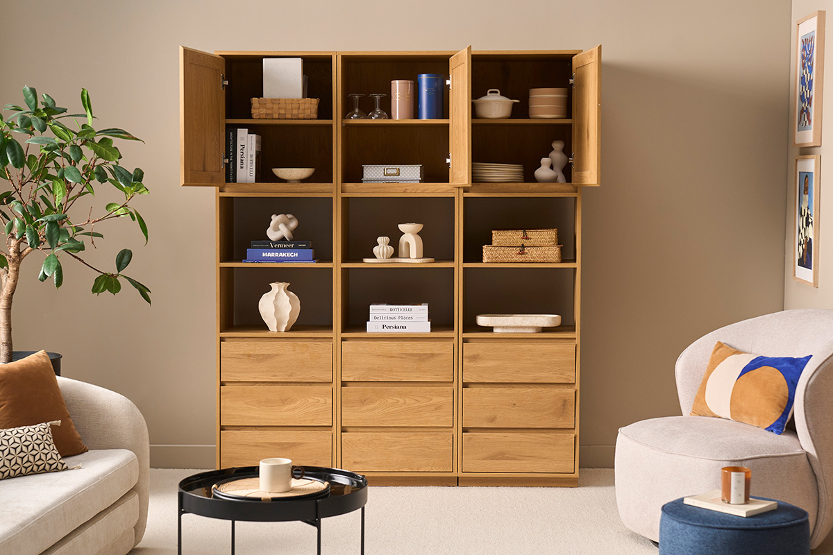 Biblioteca estanter�a con almacenamiento acabado en madera clara de roble y tejido de rat�n L150 cm SEVILLE