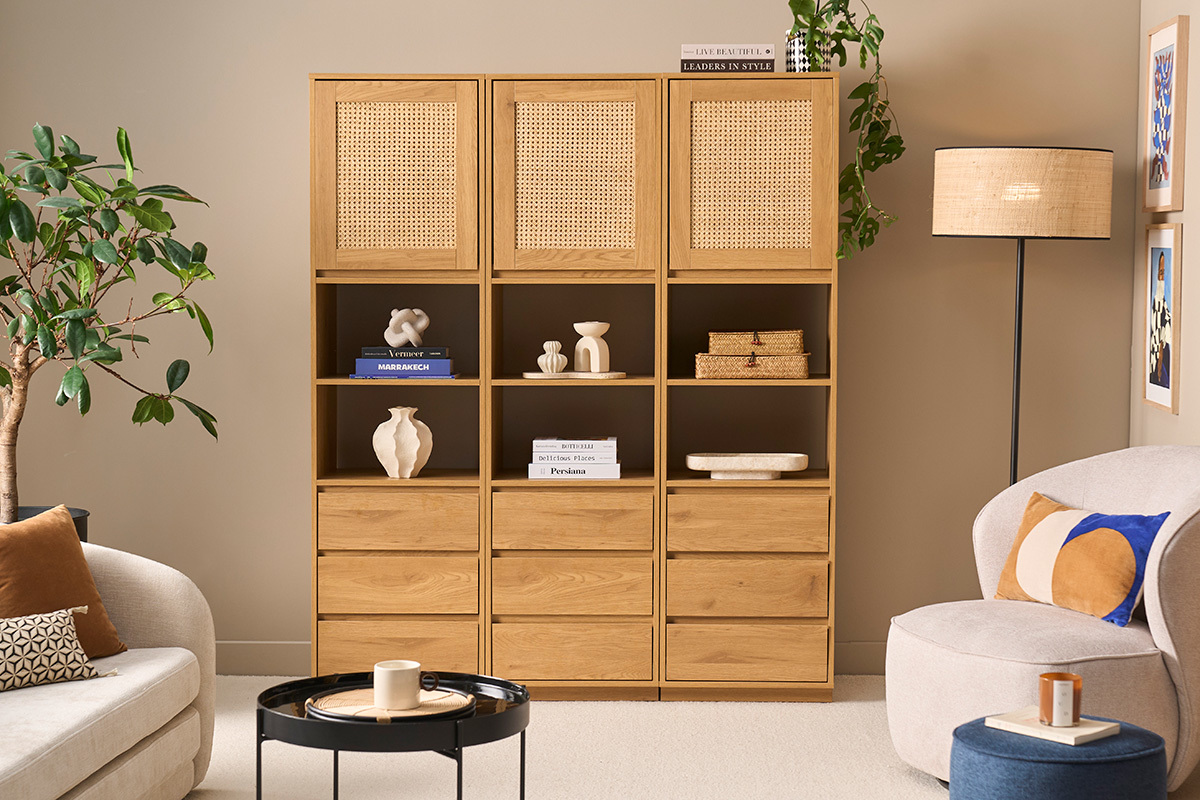 Biblioteca estanter�a con almacenamiento acabado en madera clara de roble y tejido de rat�n L150 cm SEVILLE