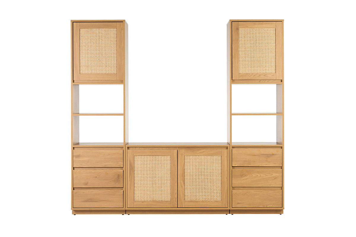 Biblioteca de madera clara con cajones y tejido de rat�n, vista frontal, modelo SEVILLE.