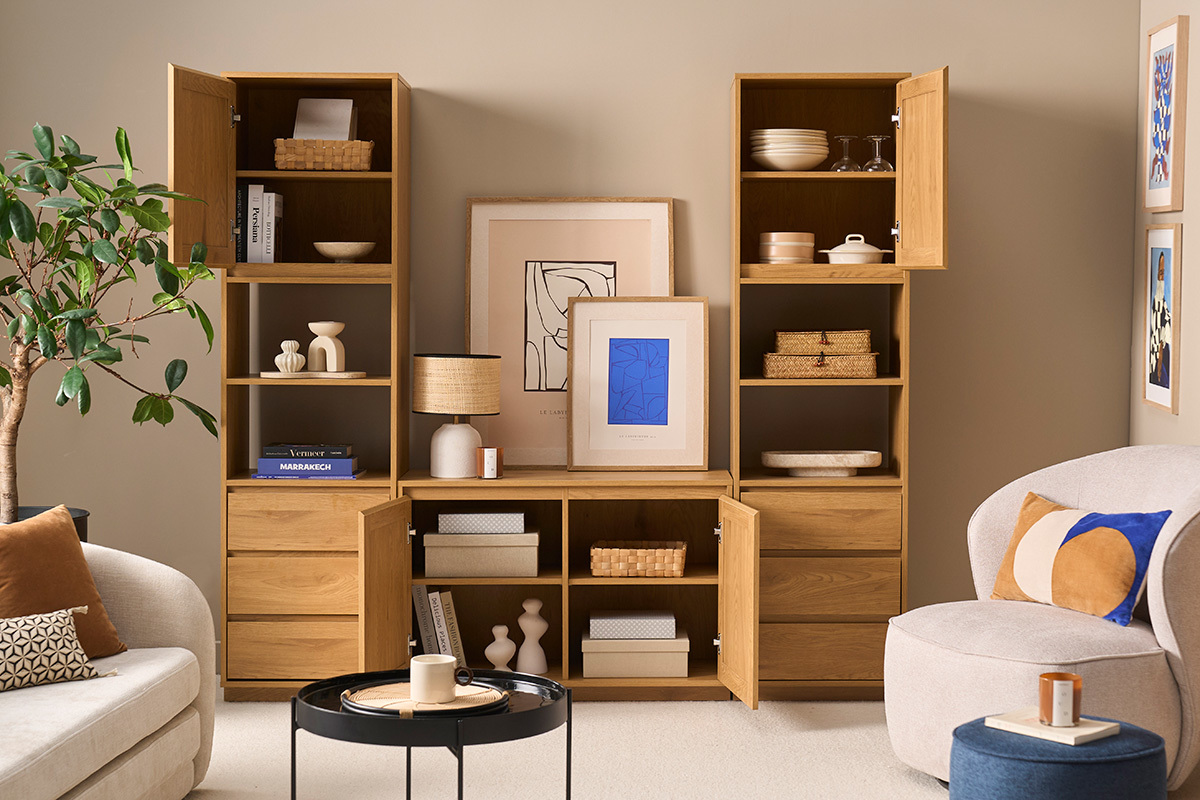 Biblioteca estanter�a con almacenamiento acabado en madera clara roble y tejido de rat�n L196 cm SEVILLE