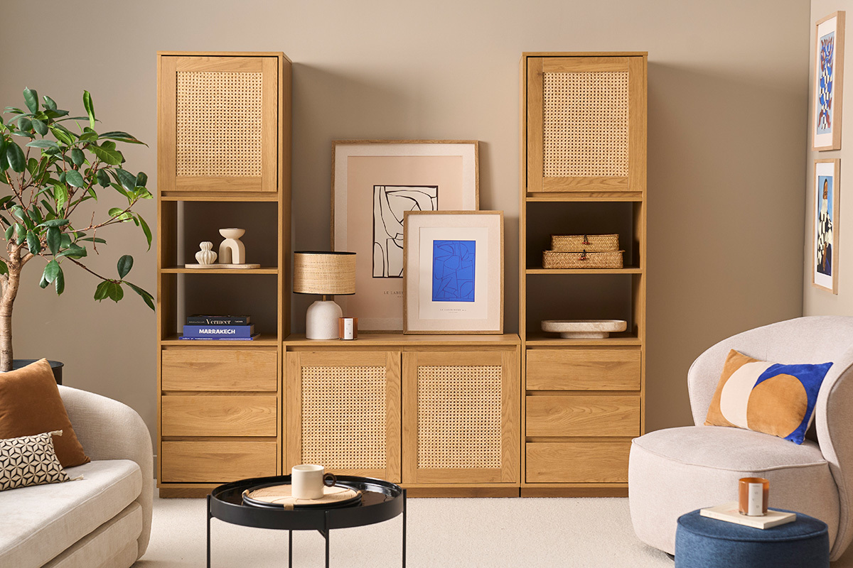 Biblioteca estanter�a con almacenamiento acabado en madera clara roble y tejido de rat�n L196 cm SEVILLE