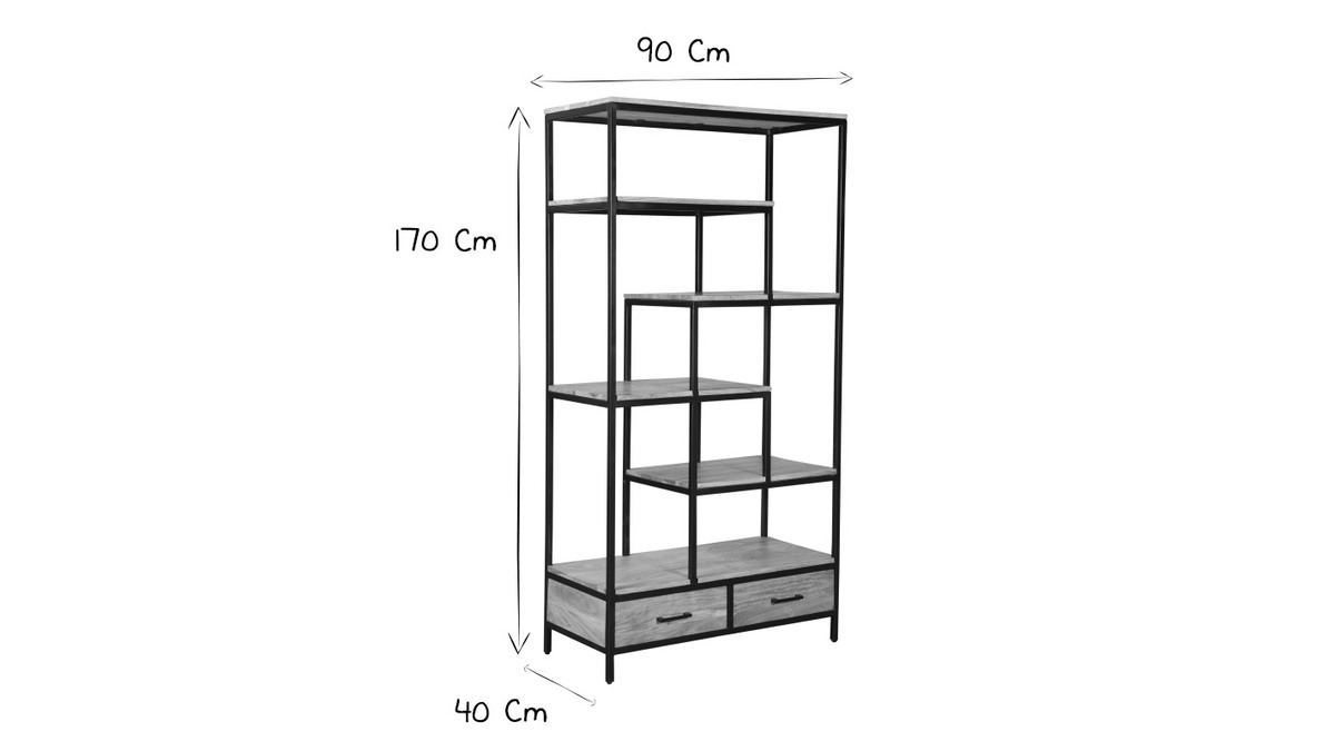 Biblioteca industrial en acacia y metal negro L90 cm JASPE