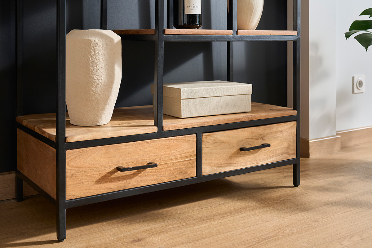 Biblioteca industrial en acacia y metal negro L90 cm JASPE