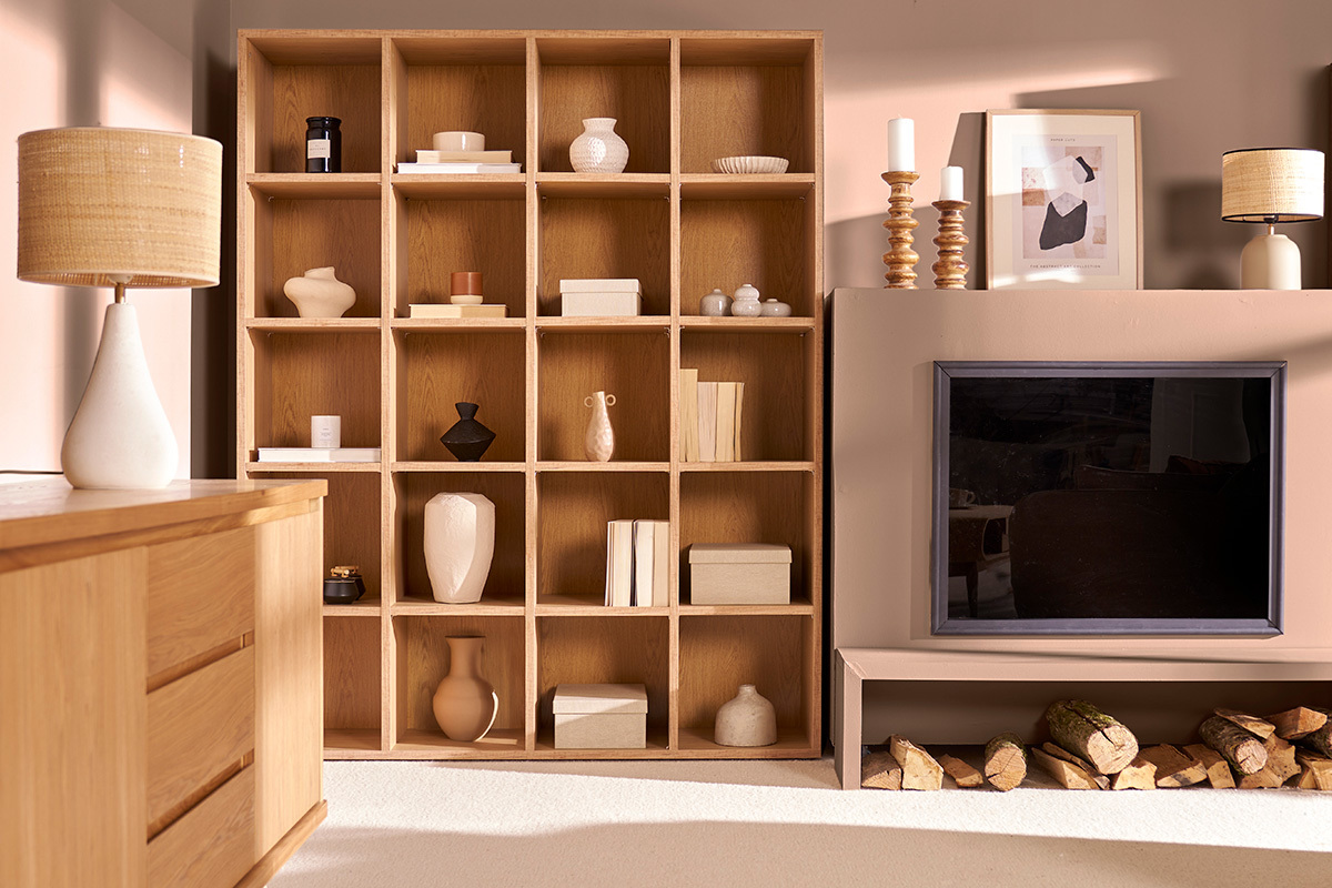Biblioteca moderna en madera color roble RYTHM