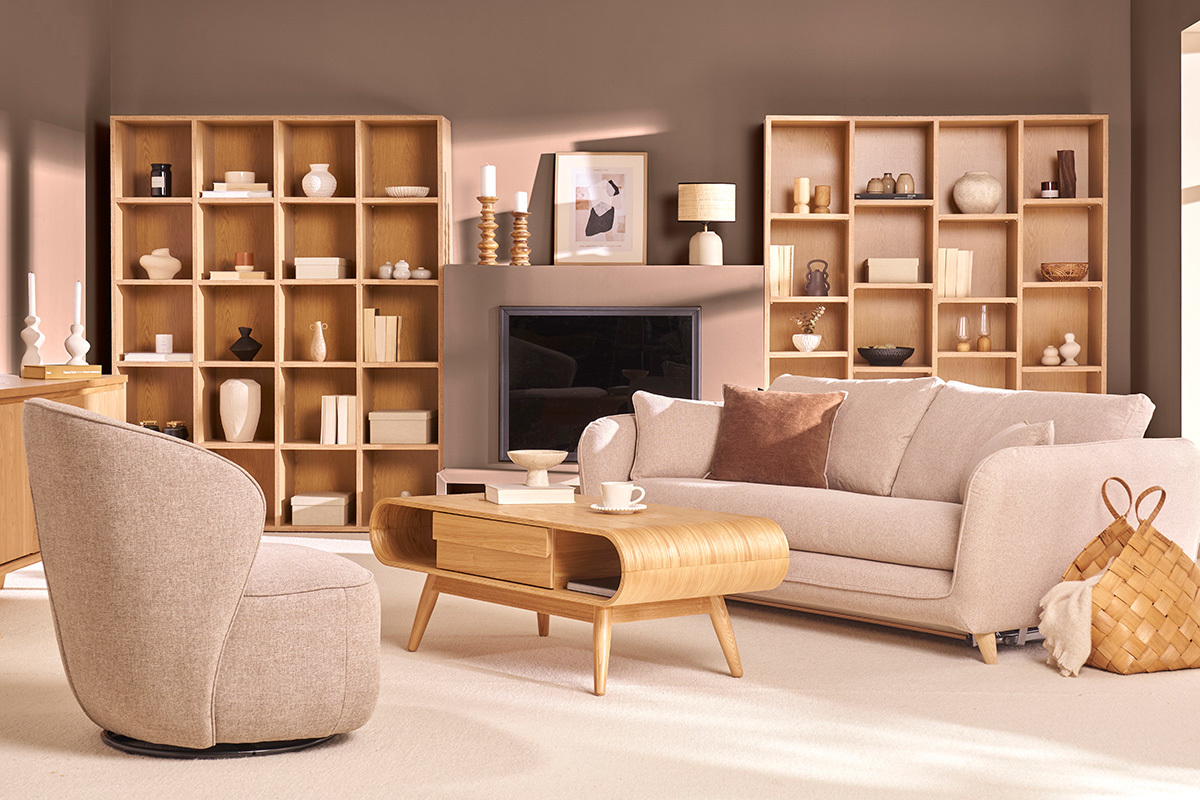 Biblioteca moderna en madera color roble RYTHM