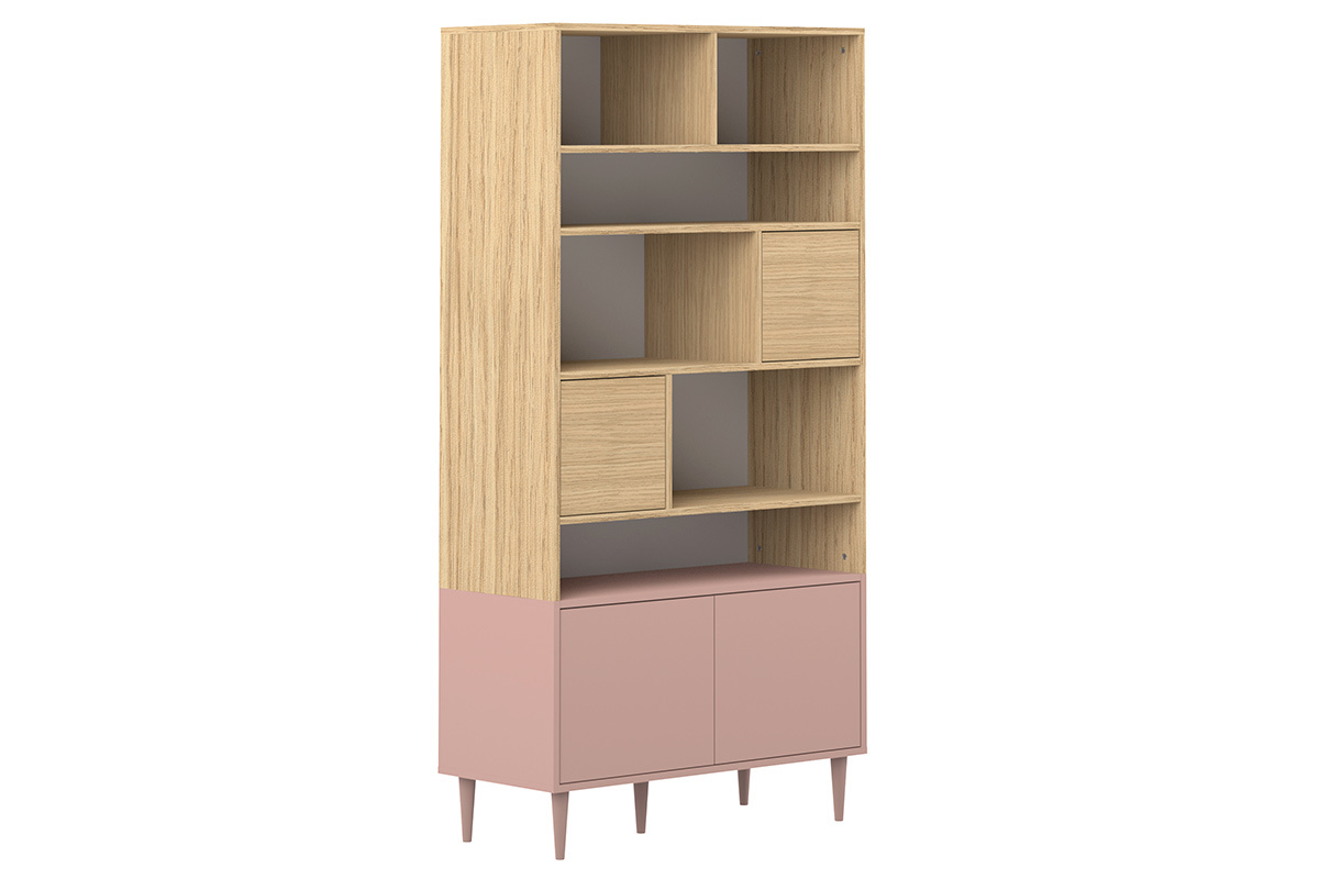 Biblioteca nordica 10 nichos madera y rosa STRIPE