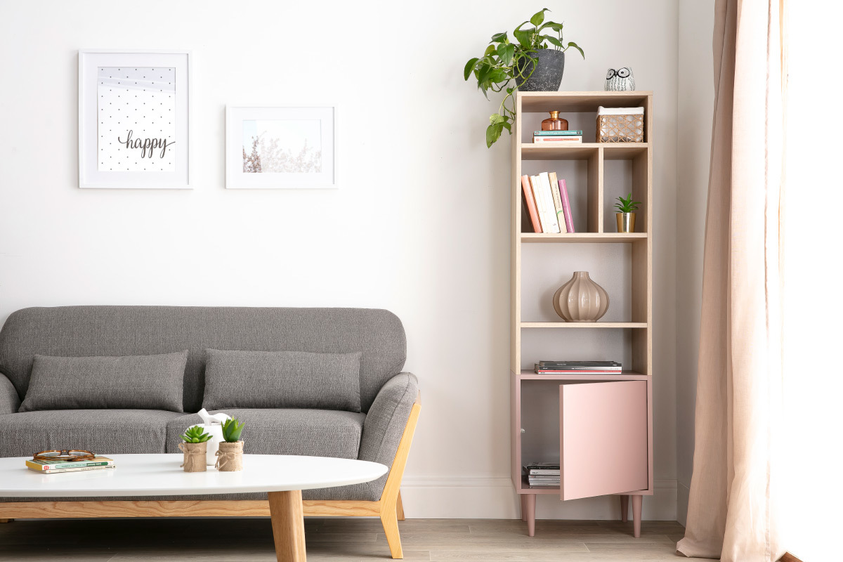 Biblioteca nrdica 6 nichos madera y rosa STRIPE