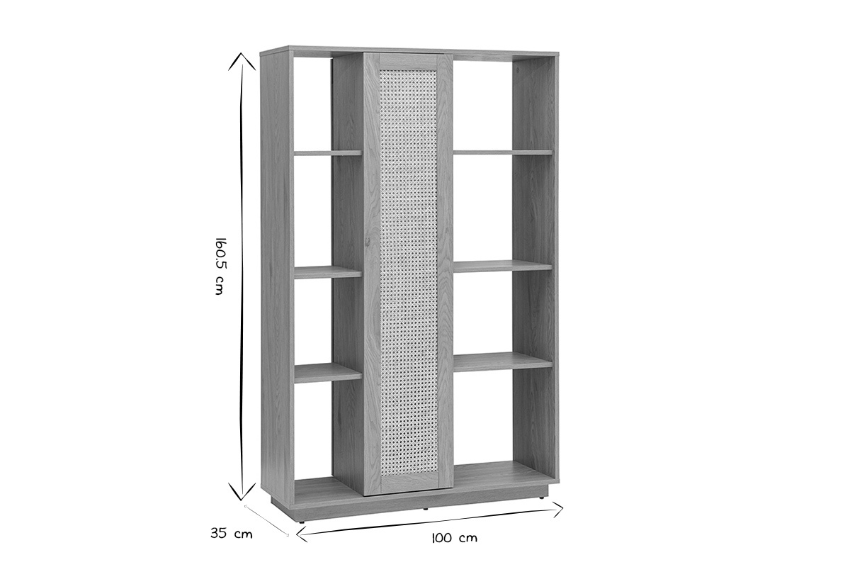 Dimensiones de la biblioteca ALICANTE en negro y blanco, vista de 3/4.