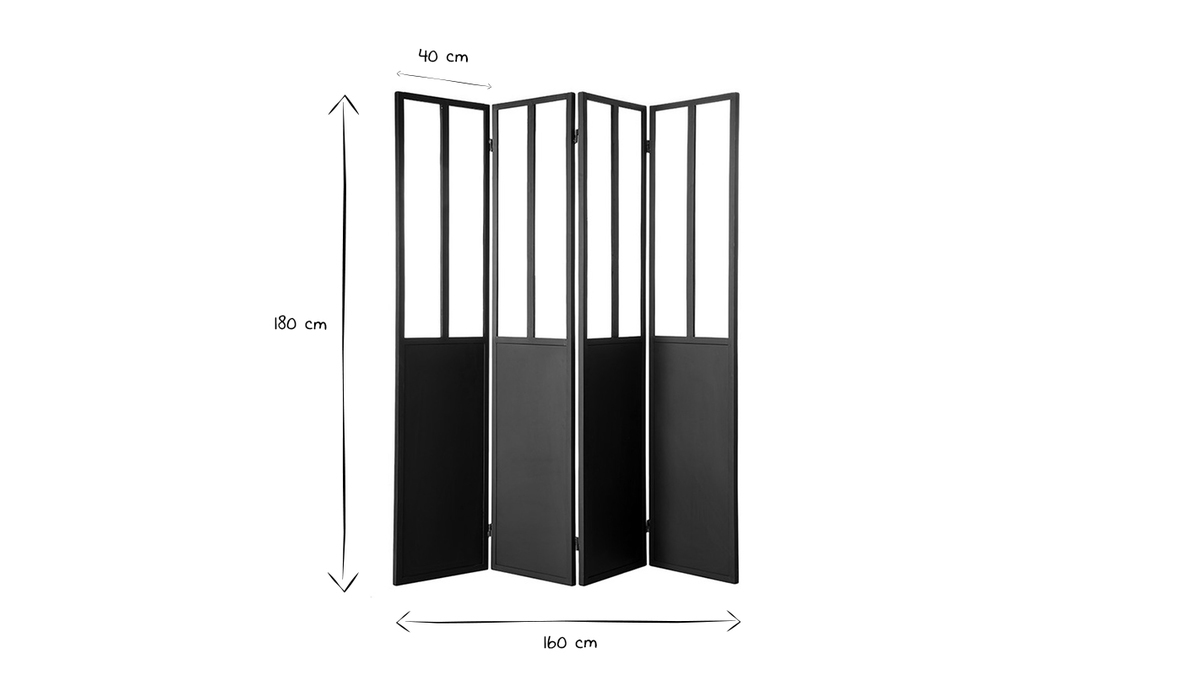 Biombo 4 paneles en metal negro y cristal RACK