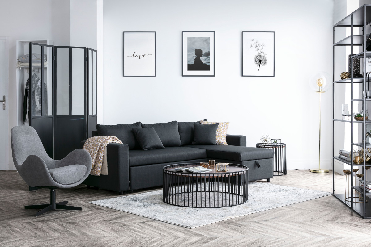 Biombo en metal negro y cristal 3 paneles RACK