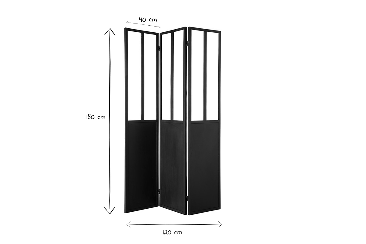 Biombo en metal negro y cristal 3 paneles RACK