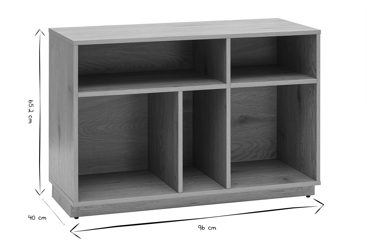 Buffet abierto con dimensiones L96xH85.2xP40 cm, acabado en roble claro, vista frontal, blanco y negro.