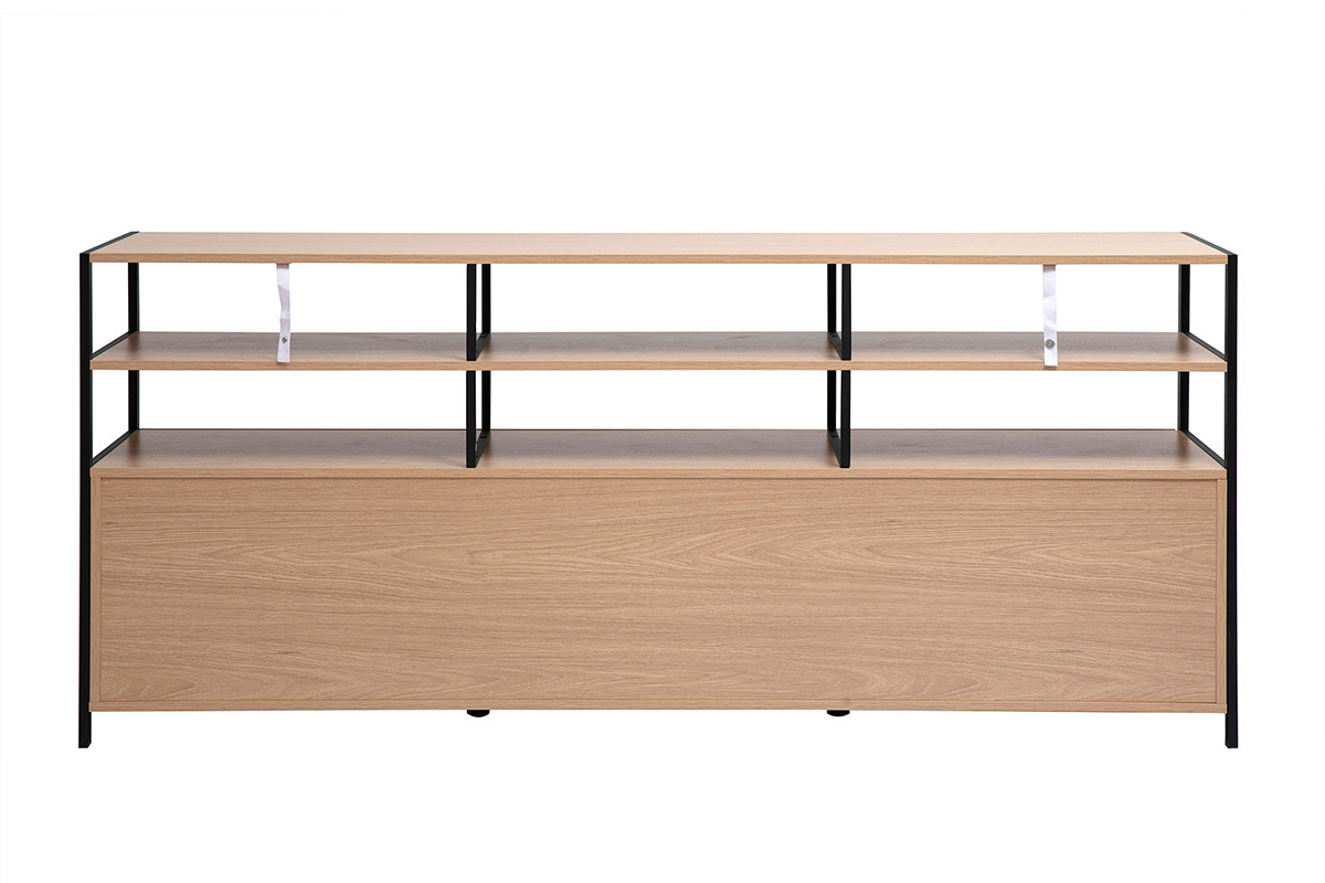 Buffet bajo MAXENCE en madera clara y metal negro, vista frontal con estantes abiertos.