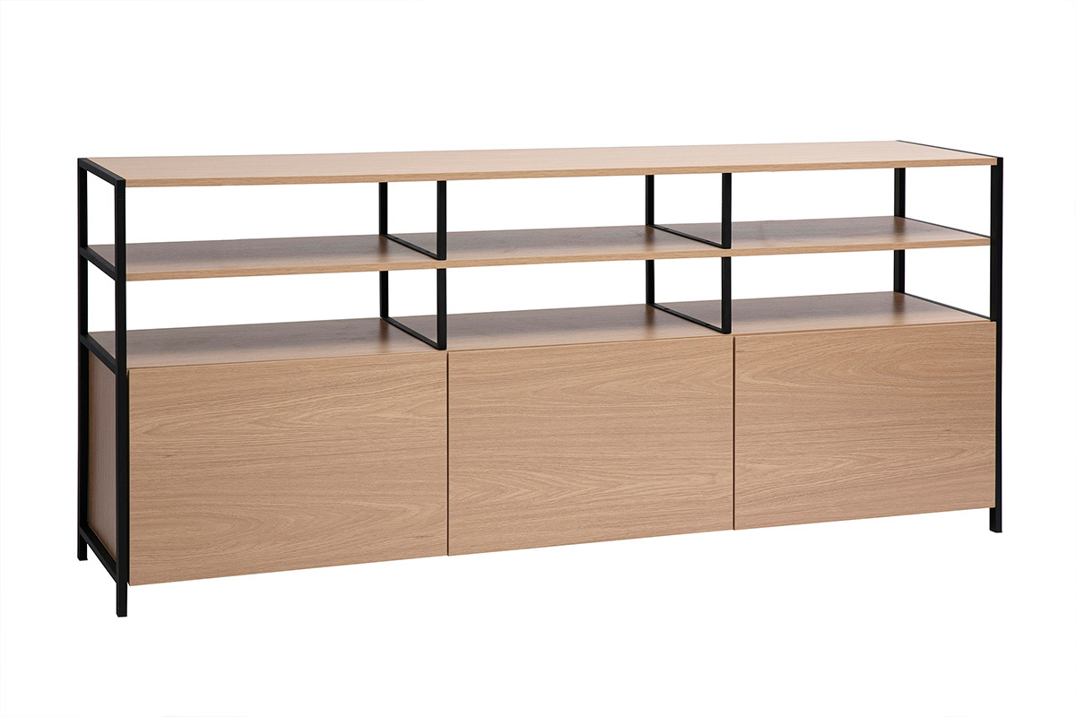 Buffet bajo de madera clara y metal negro, vista lateral con estantes abiertos y tres compartimentos cerrados.