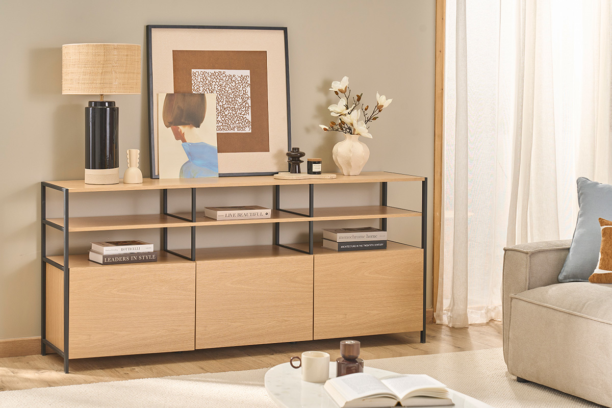 Buffet acabado en madera clara de roble y metal negro L180 cm MAXENCE