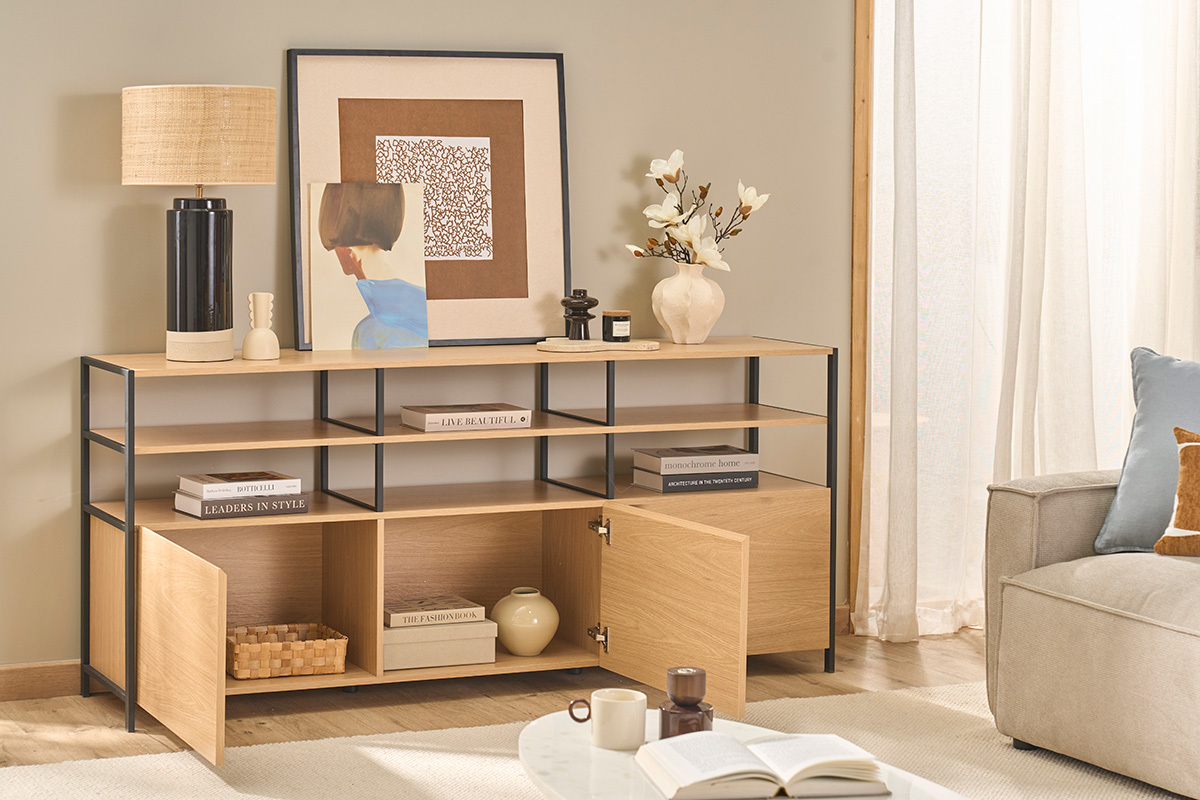 Buffet acabado en madera clara de roble y metal negro L180 cm MAXENCE