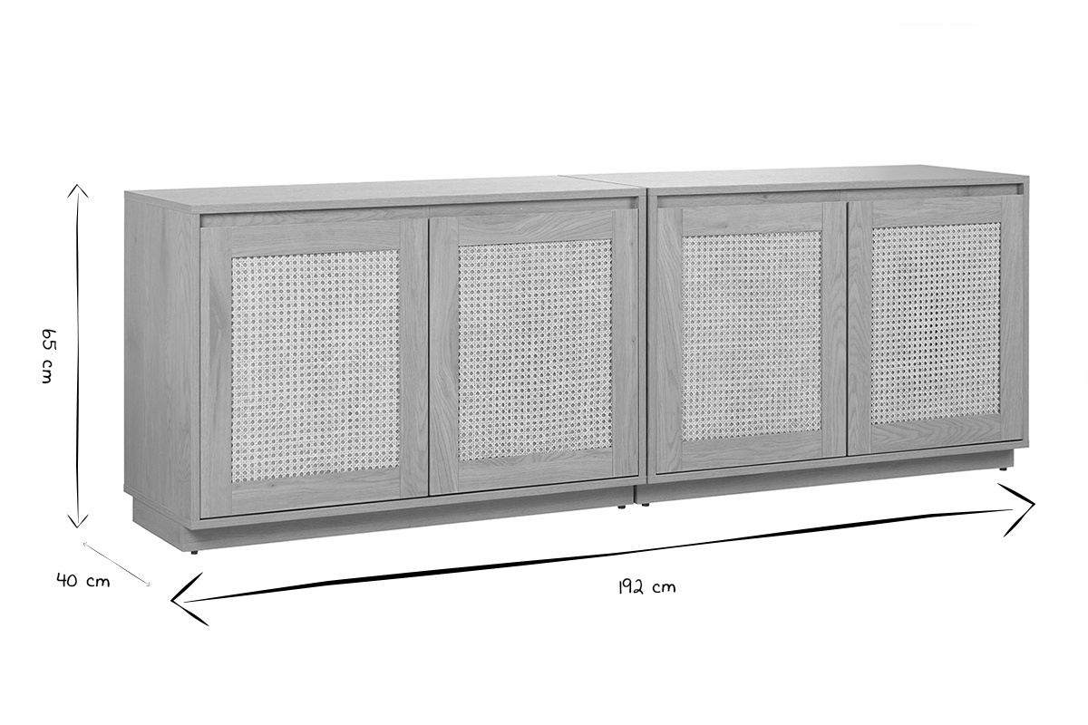 Buffet negro y blanco de 4 puertas, dimensiones 192x40x65 cm, vista frontal.