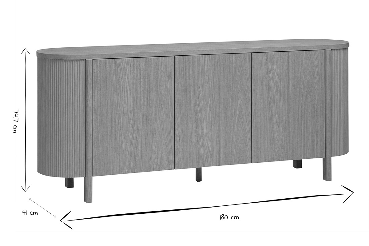 Aparador de madera clara roble PAOLINE, dimensiones: L180 cm, H74.7 cm, P41 cm, en blanco y negro.
