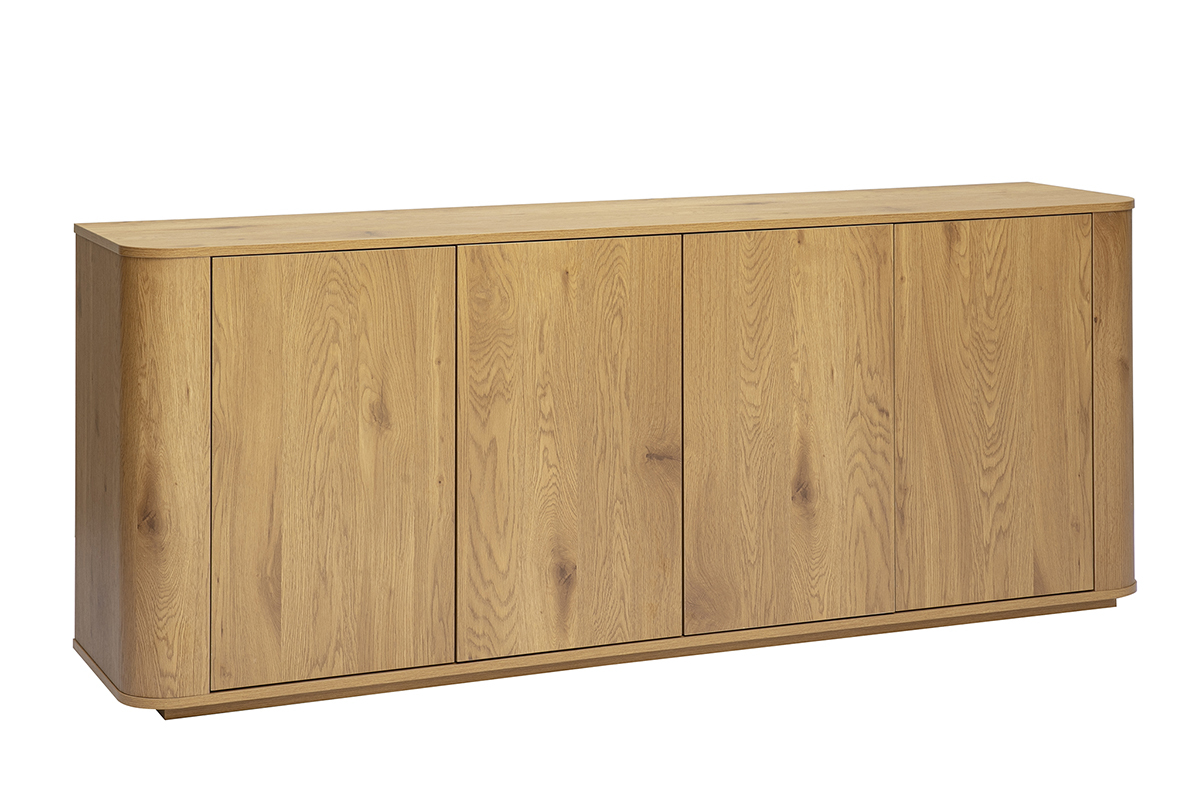 B�ffet de madera clara de roble con 4 puertas, vista en 3/4, dise�o moderno y minimalista.