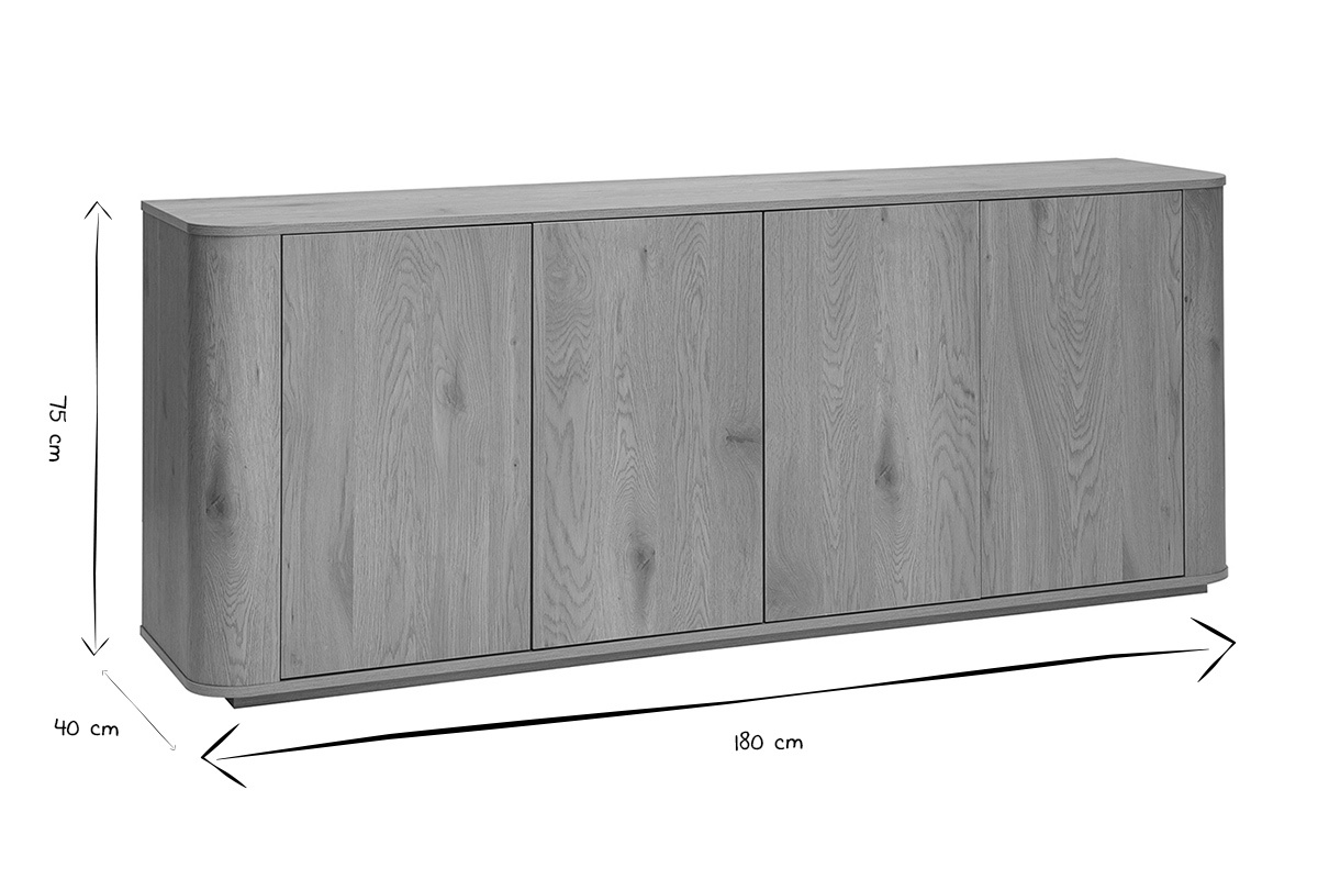 Dimensiones del aparador NEGAN en blanco y negro: L180 x P40 x H75 cm