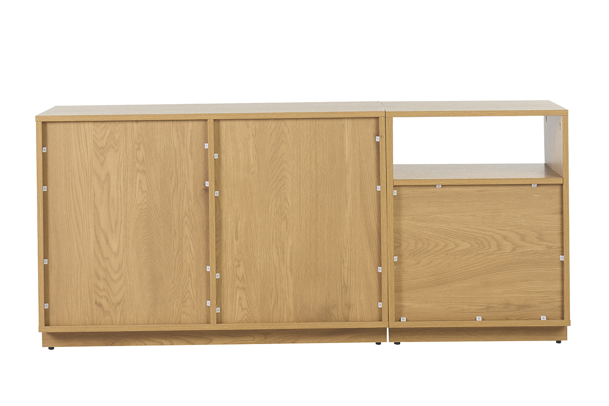 Buffet de madera clara de roble con tejido de rat�n, 2 puertas, 2 cajones, vista trasera.