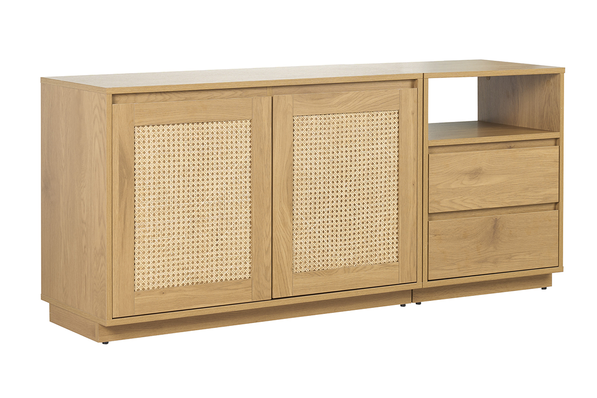 Buffet madera clara con tejido de rat�n, 2 puertas, 2 cajones, vista 3/4.