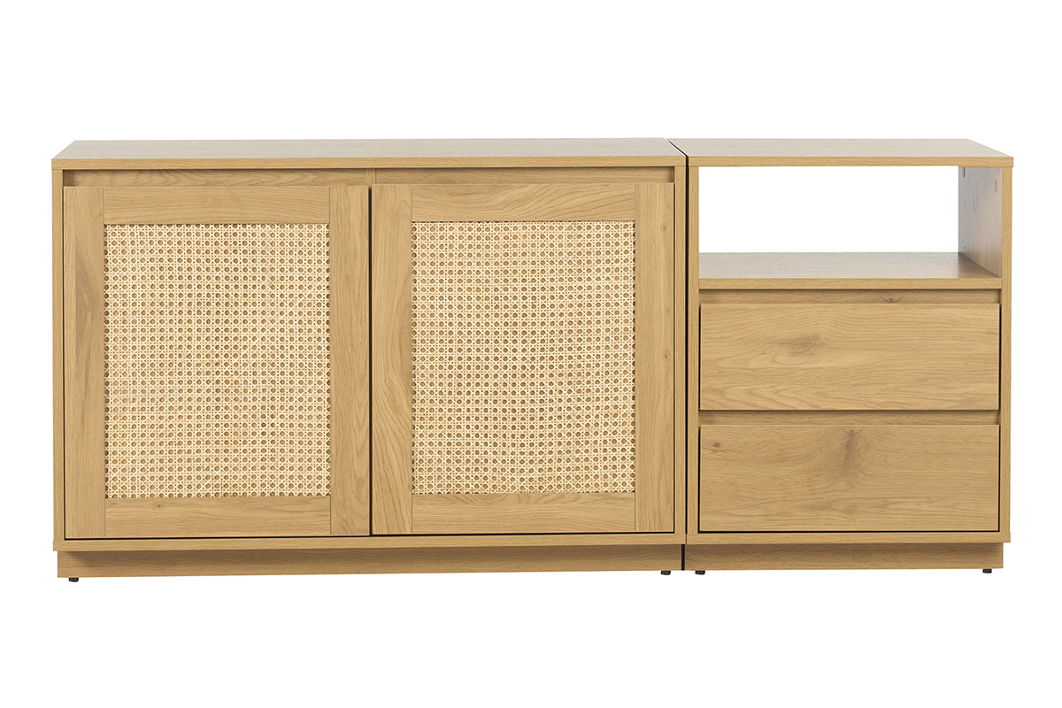 Buffet de 2 puertas de madera clara y tejido de rat�n con 2 cajones, vista frontal.