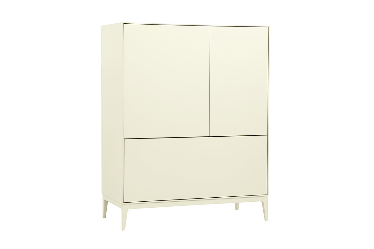 Buffet alto beige mate 2 puertas 1 caj�n, vista de 3/4, sobre patas finas.