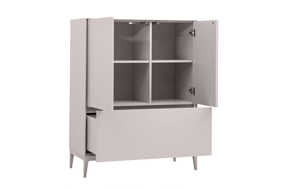 Aparador alto beige lacado mate con 2 puertas y 1 caj�n abierto, vista de 3/4