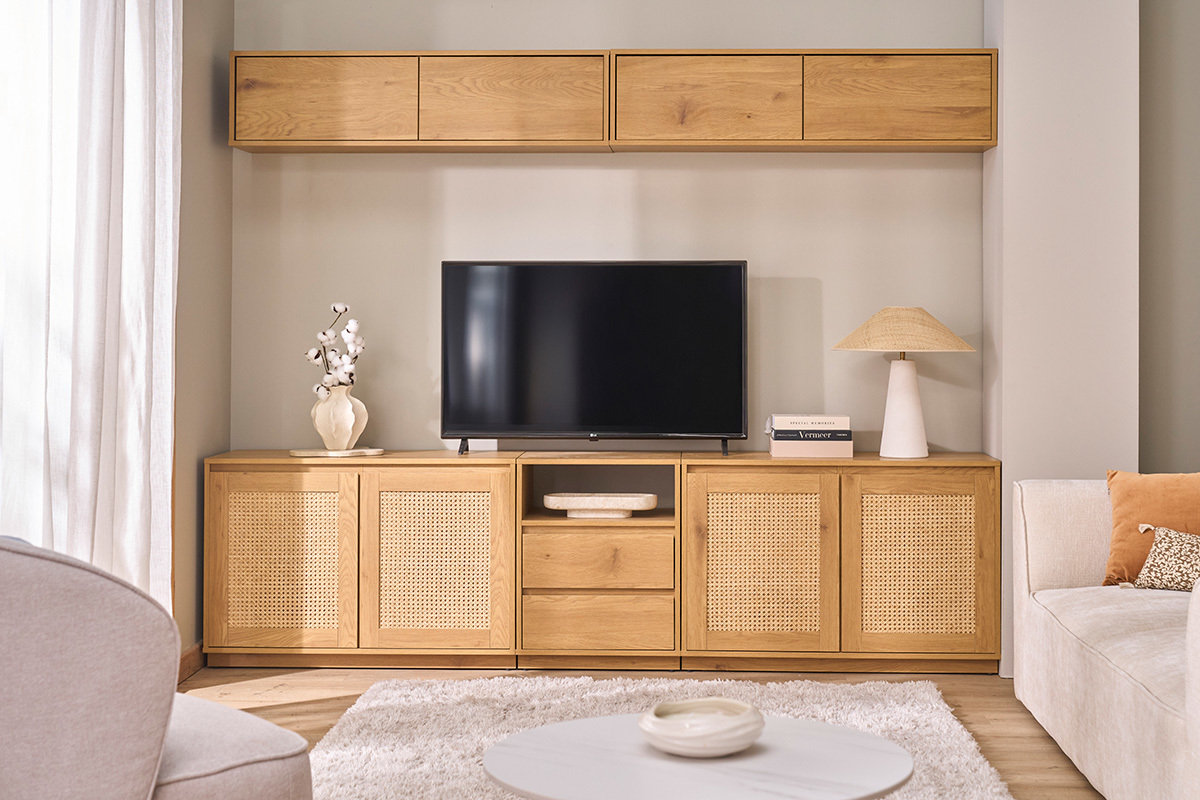 Buffet bajo acabado en madera clara roble y tejido de rat�n L96 cm SEVILLE