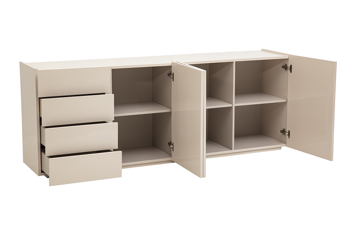 Buffet beige brillante con 3 puertas abiertas y 4 cajones visibles.