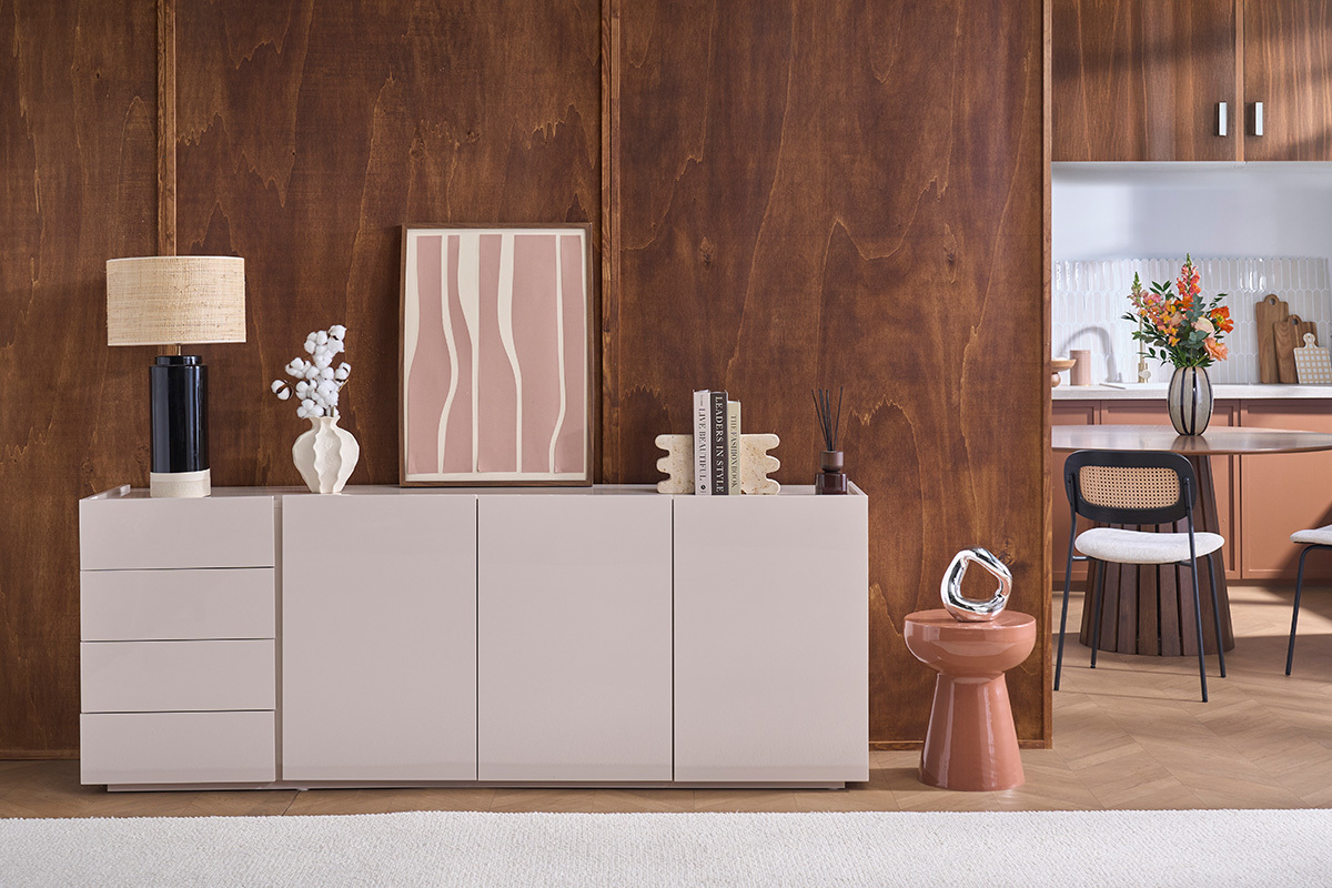 Buffet beige brillante 3 puertas 4 cajones L200 cm ISAURE