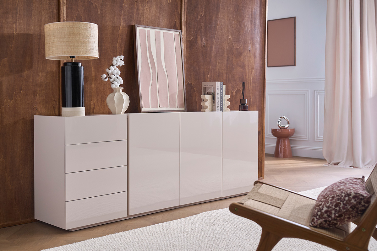 Buffet beige brillante 3 puertas 4 cajones L200 cm ISAURE