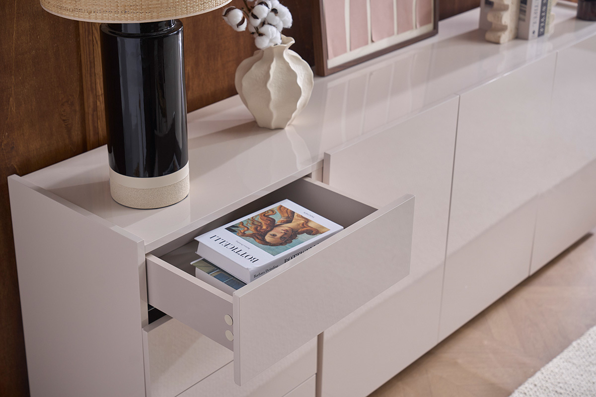 Buffet beige brillante 3 puertas 4 cajones L200 cm ISAURE