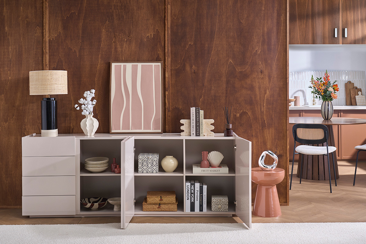 Buffet beige brillante 3 puertas 4 cajones L200 cm ISAURE
