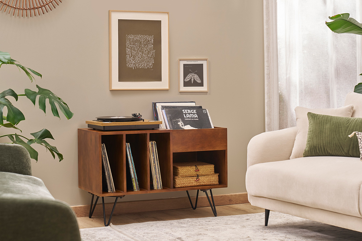 Buffet de almacenamiento de vinilos en madera de mango masivo teido y metal L90 cm BOOGIE