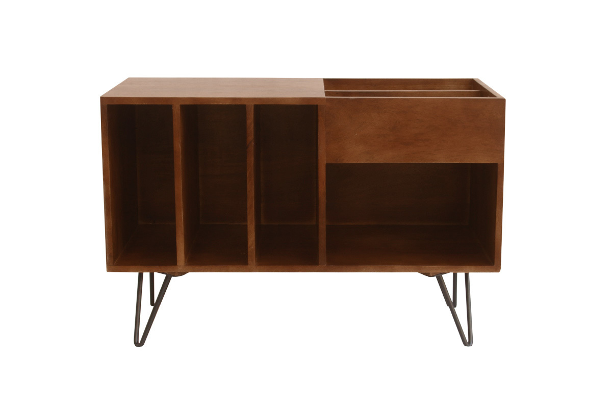 Buffet de almacenamiento de vinilos en madera de mango masivo teido y metal L90 cm BOOGIE