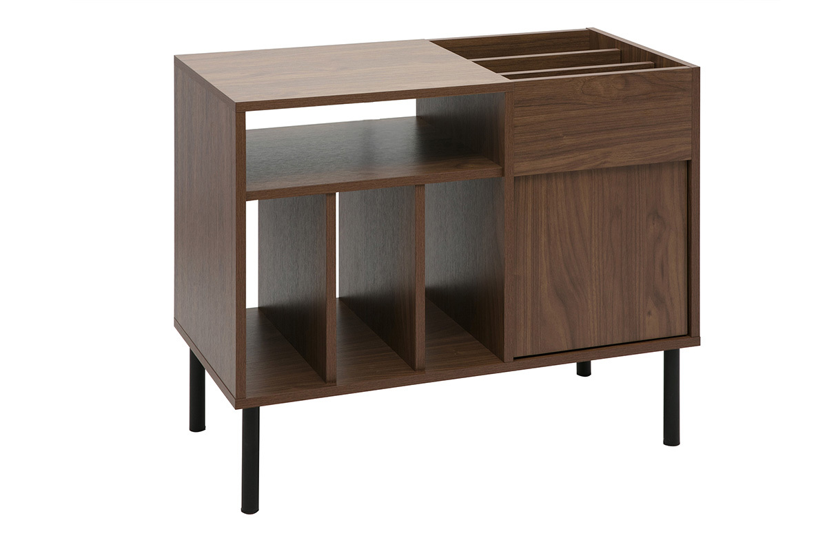 Buffet de almacenamiento de vinilos en madera oscura acabado nogal y metal negro L90 cm KANE