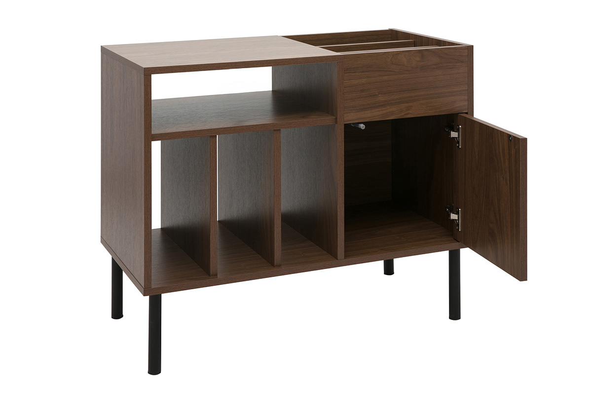 Buffet de almacenamiento de vinilos en madera oscura acabado nogal y metal negro L90 cm KANE