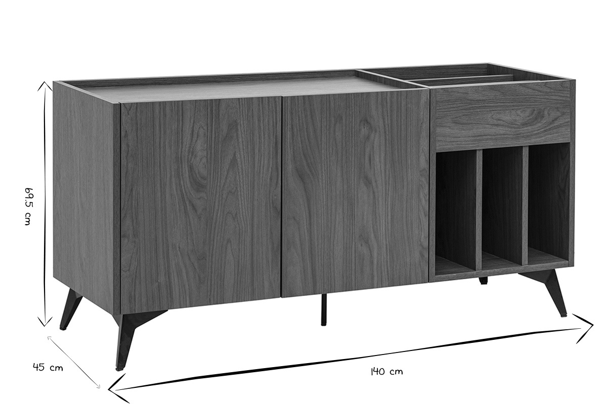 Buffet de almacenamiento para vinilos en madera oscura acabado en nogal y metal negro L140 cm SEDA