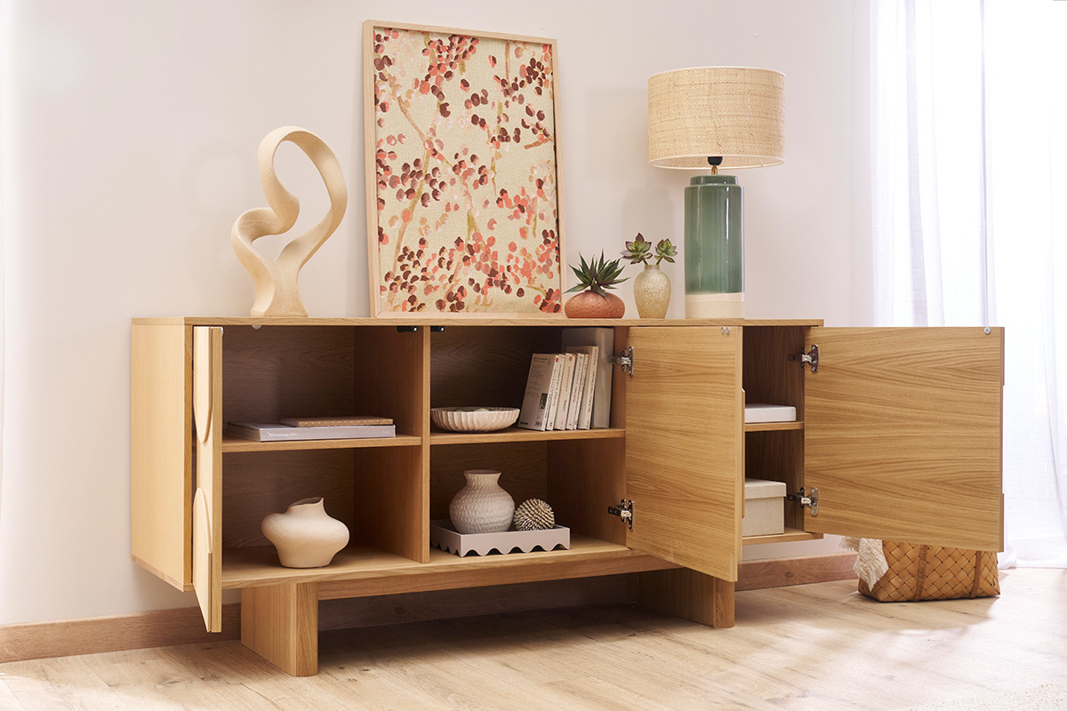 Buffet de madera clara de roble grabado L160 cm SEIGO