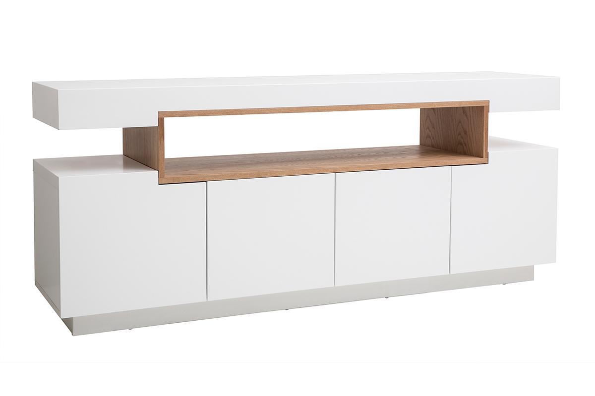 Buffet escandinavo blanco brillante lacado y madera 4 puertas L180 cm LIVO