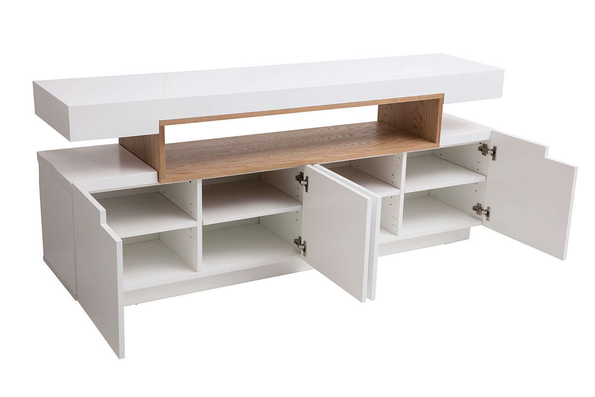 Buffet escandinavo blanco brillante lacado y madera 4 puertas L180 cm LIVO