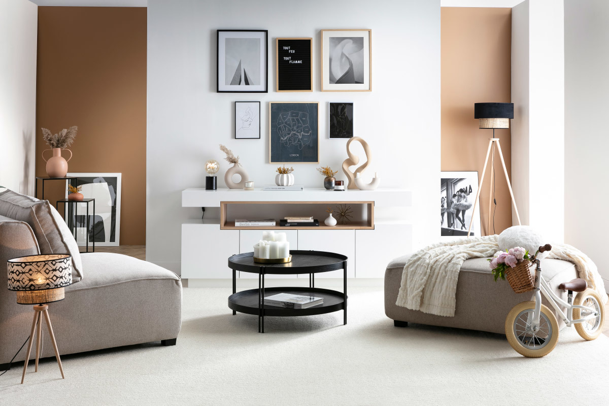 Buffet escandinavo blanco brillante lacado y madera 4 puertas L180 cm LIVO