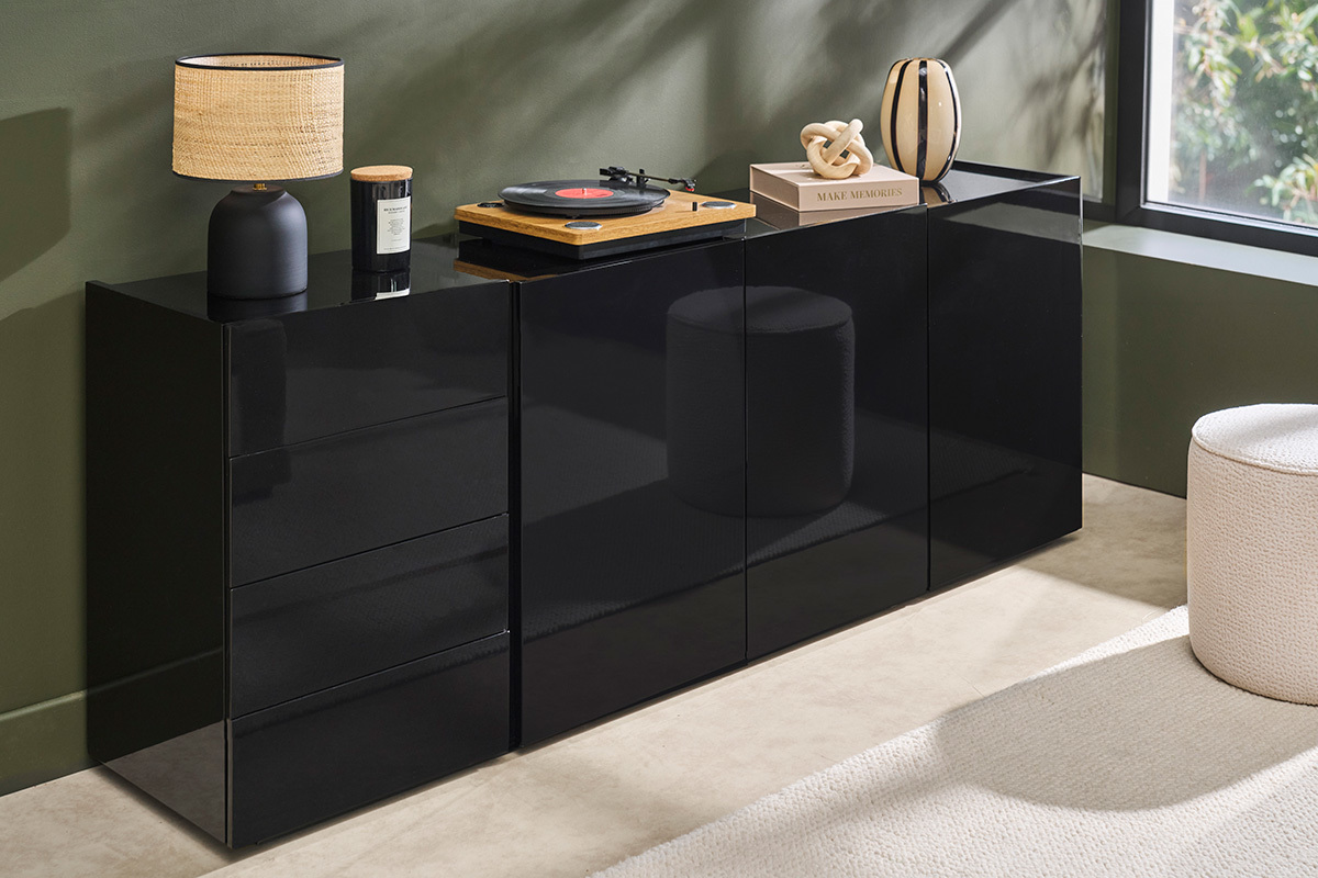 Buffet negro brillante 3 puertas 4 cajones L200 cm ISAURE