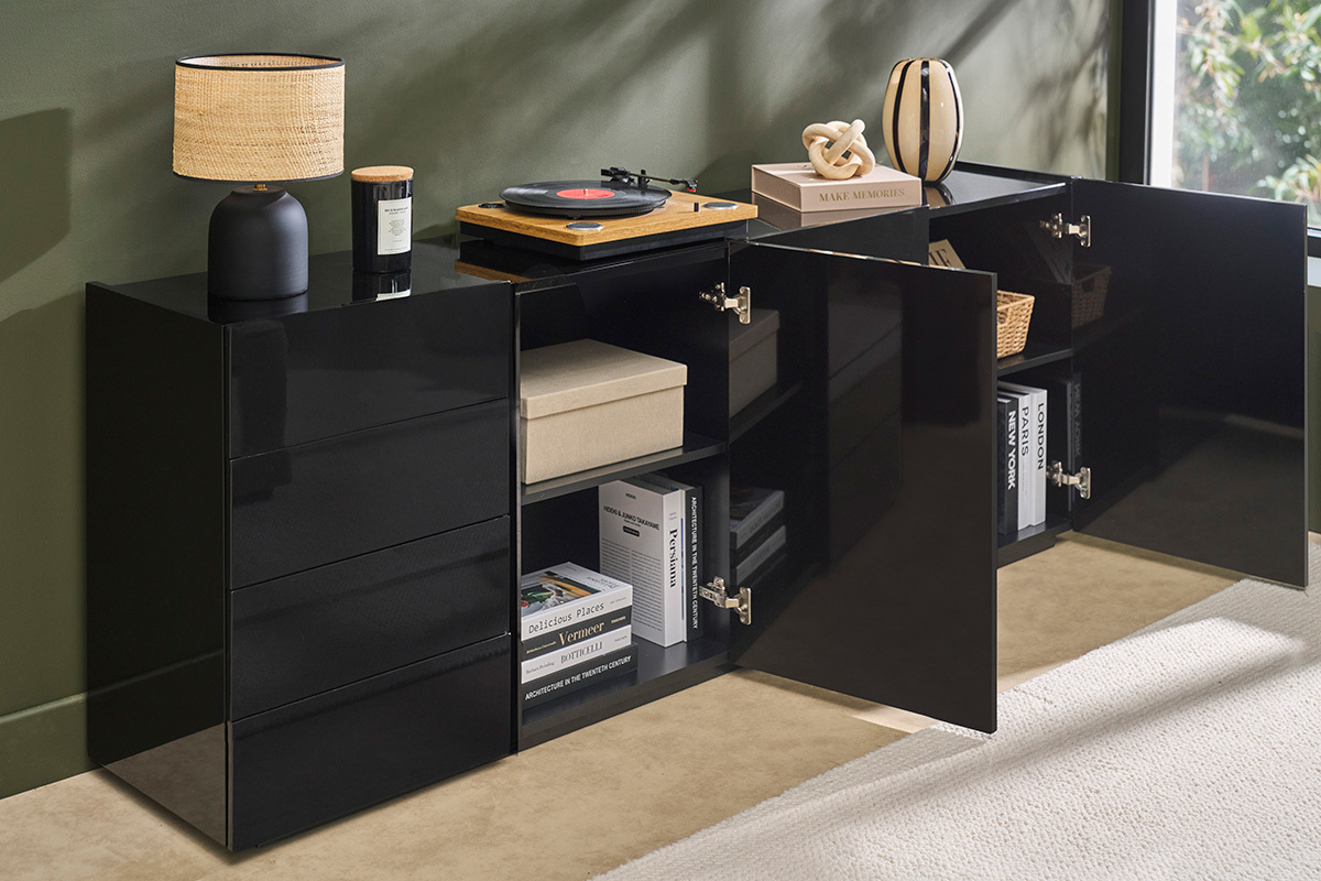 Buffet negro brillante 3 puertas 4 cajones L200 cm ISAURE