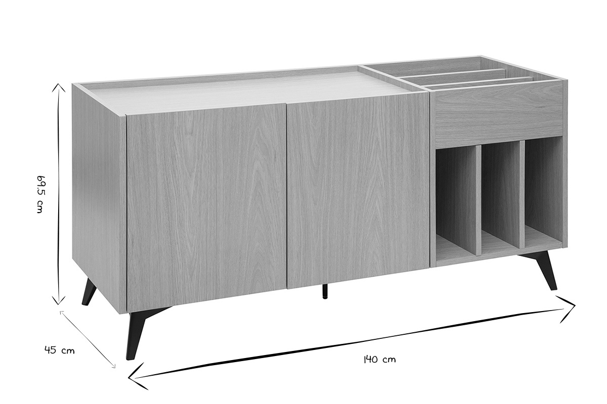 Buffet para almacenamiento de vinilos en madera clara acabado roble, patas de metal negro, dimensiones L140 x P45 x H69,5 cm.