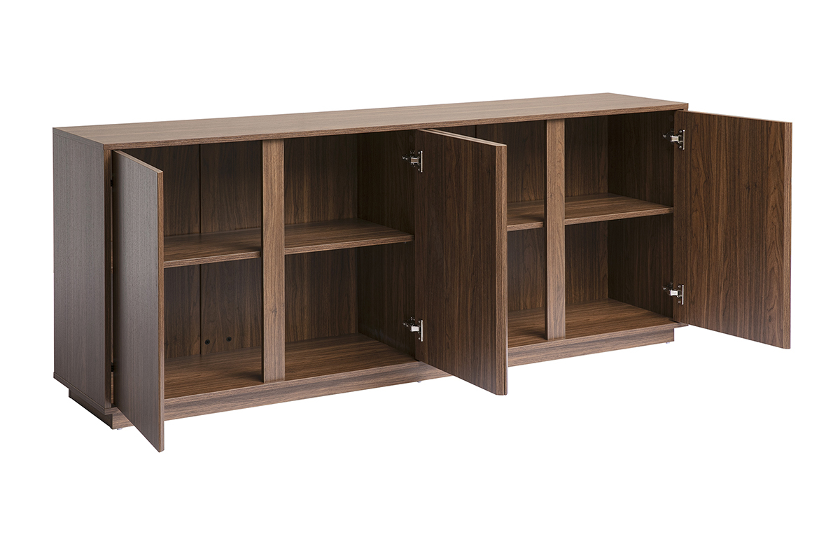 Aparador vintage de madera de nogal con tres puertas abiertas, vista de 3/4.